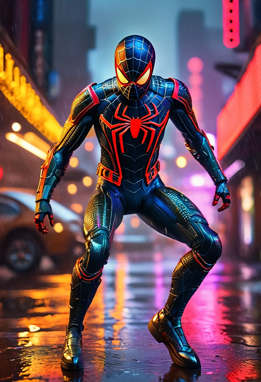 highly detailed, cinematic lighting, machine, dark rainy night, neon city background, spider-man in futuristic nano armor, advanced technology, hyper realistic, 8k, photorealistic, intricate details, dramatic pose, dynamic composition, volumetric fog, reflections, depth of field, glowing neon, chrome metal, wet surfaces, film grain