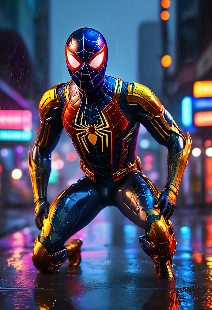 highly detailed, cinematic lighting, machine, dark rainy night, neon city background, spider-man in futuristic nano armor, advanced technology, hyper realistic, 8k, photorealistic, intricate details, dramatic pose, dynamic composition, volumetric fog, reflections, depth of field, glowing neon, chrome metal, wet surfaces, film grain