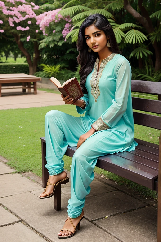 "A young Indian woman, about 23 years old, dressed in a plain salwar kameez. She is sitting on a bench in a small park, holding a book and looking content. The background includes lush greenery and a few scattered flowers
