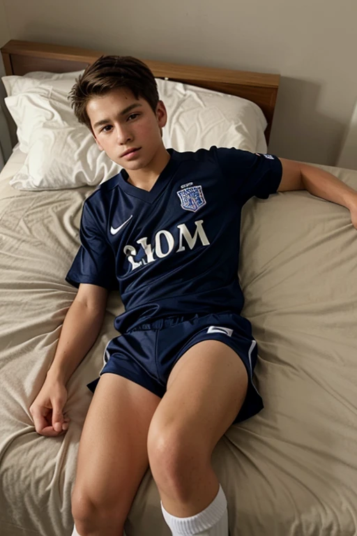 A 14-year-old boy in a soccer uniform without a shirt on a bed