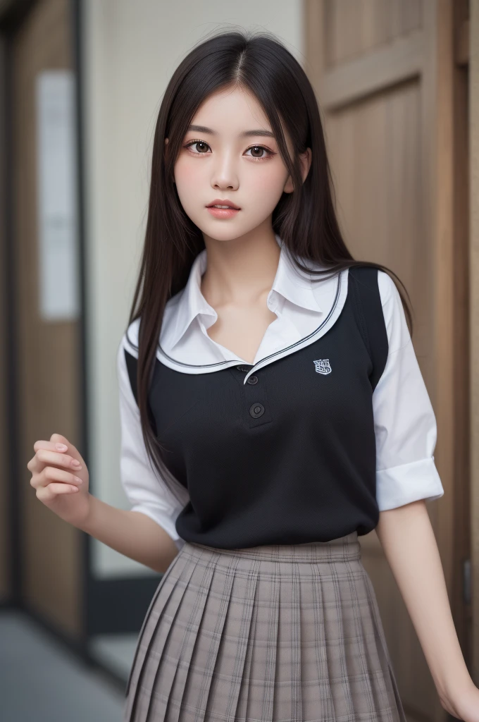 1girl, (Best Quality:1.4), (Ultra-detailed), (extremely detailed beautiful face), Amazing face and eyes, black eyes, black hair, (school uniform, pleated skirt:1.3),  extremely detailed CG unified 8k wallpaper, High-definition raw color photos, professional photograpy, dynamic lighting, depth of fields