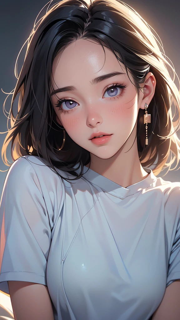 Dressed, (photo Realistic:1.4), (hyper Realistic:1.4), (Realistic:1.3),
(Smoother lighting:1.05), (Improving the lighting quality of movies:0.9), 32k,
One girl,20 year old girl, Realistic lighting, Backlight, Light on the face, Ray-tracing, (Bright light:1.2), (Improvement of quality:1.4),
(Highest quality real texture skins:1.4), Detailed drawn eyes, Detailed painted face, Quality Eyes,
(joy, blush), (Tired, sleepy and satisfied), Face close-up, T-Shirts,
(Enhance the mood of your body line:1.1), (Enhances the beauty of skin texture:1.1)