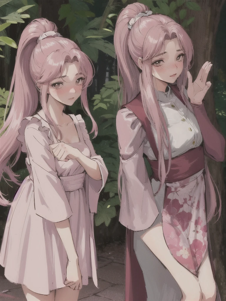 A girl ，Light pink cherry blossom dress，High Ponytail，Sweet expression，big eyes，Blush on face，Slight blush on the face，Shy expression，Hands behind your back，little cherry mouth，Full body shot，Stand among the flowers，There are many trees around