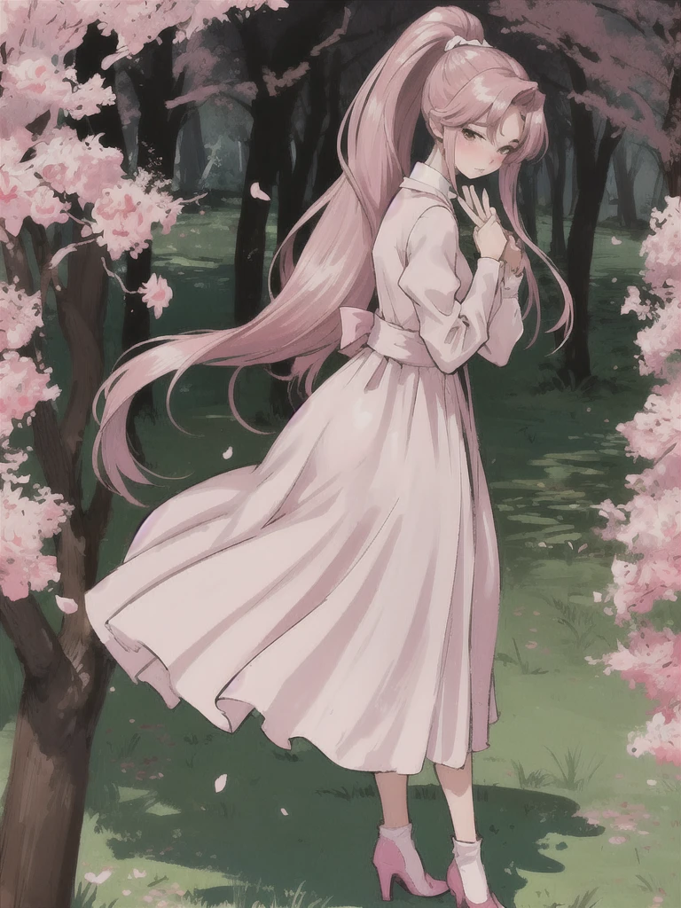 A girl ,Light pink cherry blossom dress,High Ponytail,Sweet expression,big eyes,Blush on face,Slight blush on the face,Shy expression,Hands behind your back,little cherry mouth,Full body shot,Stand among the flowers,There are many trees around