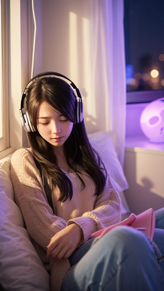 Girl listening to music with headphones in her room at night