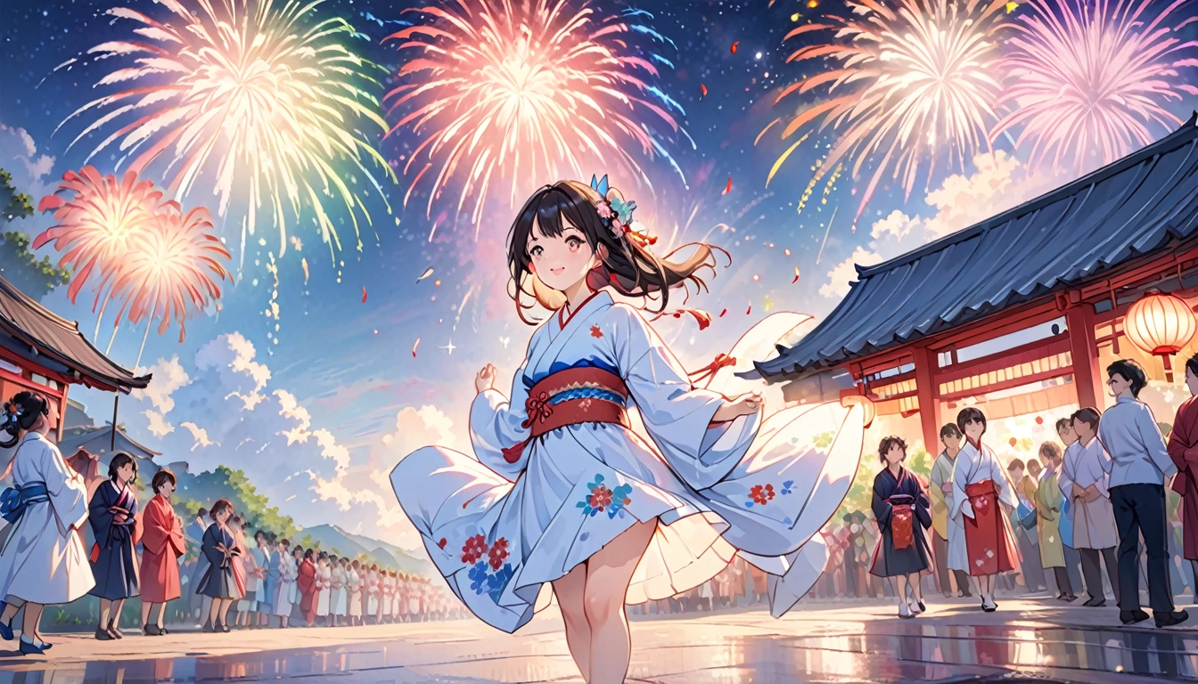 Imagine a girl wearing a kimono strolling through a ceremony, with colorful fireworks in the sky. The atmosphere was cheerful, with volume light, soft light, Shin Hai Cheng's masterpiece, the best quality, depth of field, detailed background, beautiful cheeks, sparkling pupils, and starry sky at night,