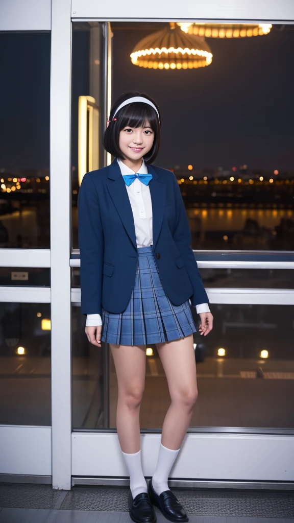Japanese, high school girl, smile, young face, black hair, bob cut hair, blue hairband, light blue blazer jacket, white blouse, blue ribbon decoration on collar, blue pleated skirt, black socks, dark brown loafers, Ferris wheel, promenade, standing in front of observation deck, window, full moon night, starry night, beach, nostalgic scenery, refreshing feeling 