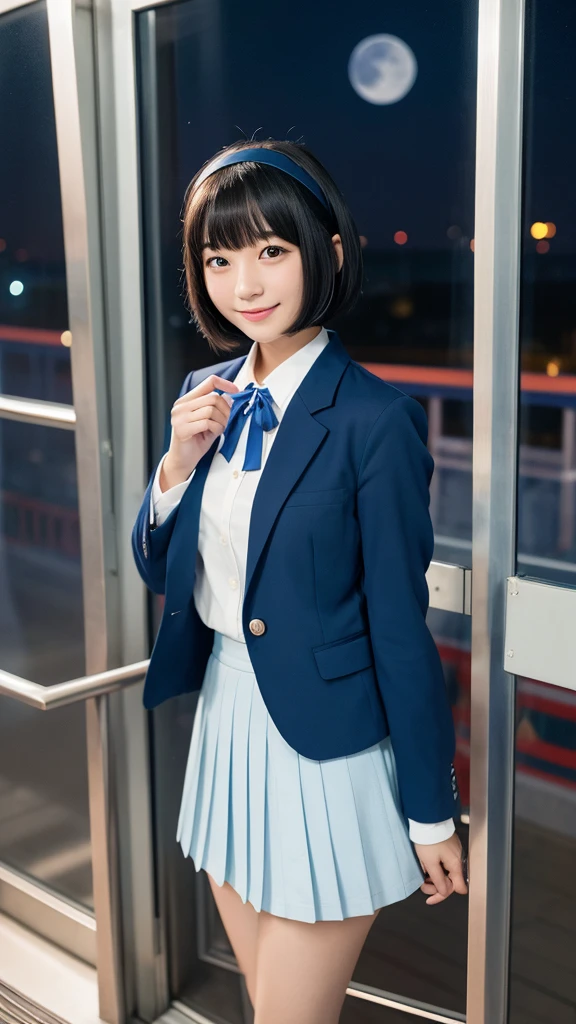 Japanese, high school girl, smile, young face, black hair, bob cut hair, blue hairband, light blue blazer jacket, white blouse, blue ribbon decoration on collar, blue pleated skirt, black socks, dark brown loafers, Ferris wheel, promenade, standing in front of observation deck, window, full moon night, starry night, beach, nostalgic scenery, refreshing feeling