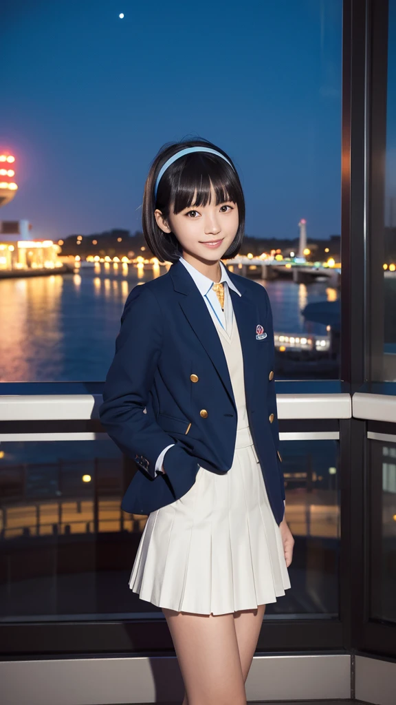 Japanese, high school girl, smile, young face, black hair, bob cut hair, blue hairband, light blue blazer jacket, white blouse, blue ribbon decoration on collar, blue pleated skirt, black socks, dark brown loafers, Ferris wheel, promenade, standing in front of observation deck, window, full moon night, starry night, beach, nostalgic scenery, refreshing feeling