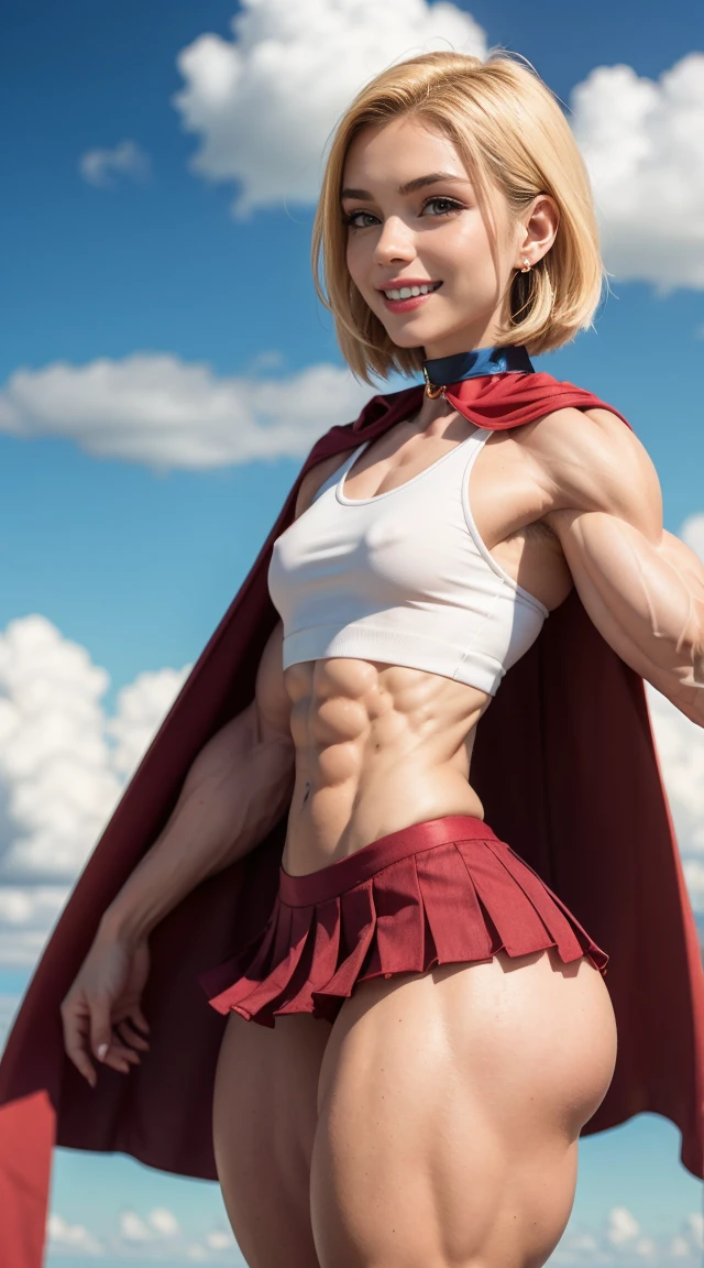 (Muscular:2), (thick thighs:2),
(blonde female:1.3), supergirl, (big smile:1.4), (android 18 haircut),
earrings, lipstick, eyeshadow,
(hard nipples),
(small red cape:1.3), (pleated skirt:1.6), (tanktop, midriff:1.2), choker,
(looking at viewer:1.6), three quarter view, (upper body view:1.9), lowlegp,
(floating in midair, sky and clouds background:1.3), rim lighting, two tone lighting, dim lighting, bokeh, detailed skin, detailed eyes