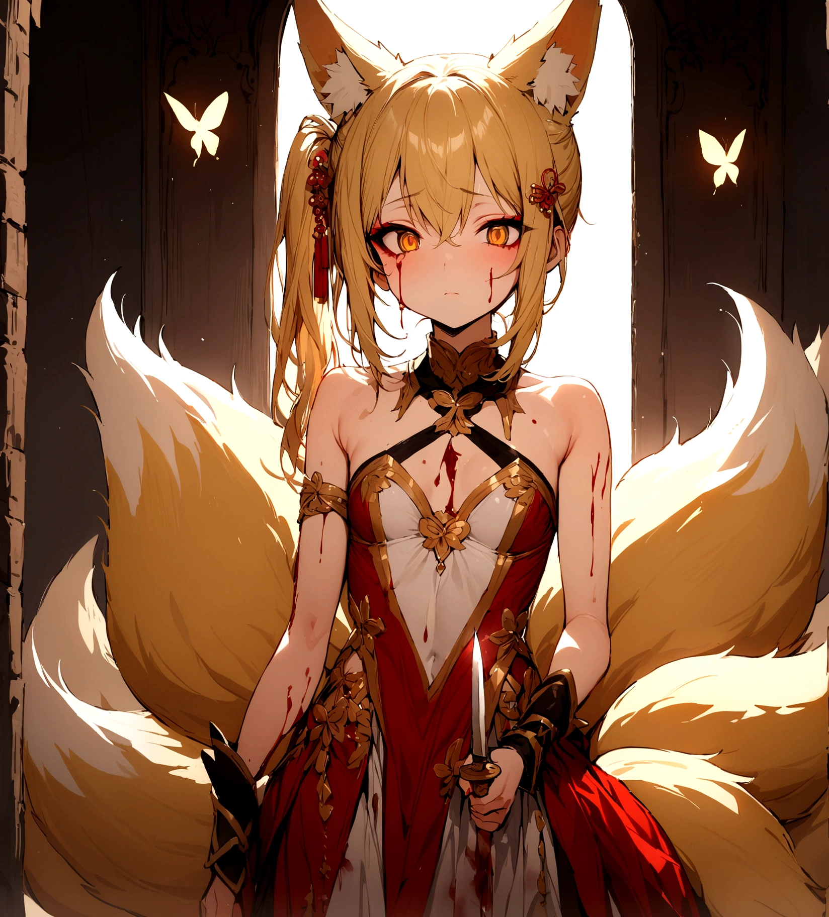 (masterpiece, best quality) junior,detailed, (beautiful,small breasts), blonde,long hair, side ponytail(tied to the left),Hairpin decoration with gold butterfly, elegant, (fox ears),nine tailed fox tail, red eyeshadow, golden eyes, femur,girl,yandere,bleeding,holding a knife,covered in blood