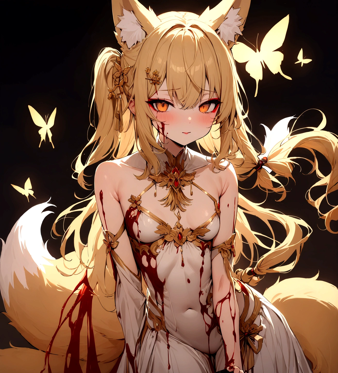 (masterpiece, best quality) junior,detailed, (beautiful,small breasts), blonde,long hair, side ponytail(tied to the left),Hairpin decoration with gold butterfly, elegant, (fox ears),nine tailed fox tail, red eyeshadow, golden eyes, femur,girl,yandere,bleeding,holding a knife,covered in blood