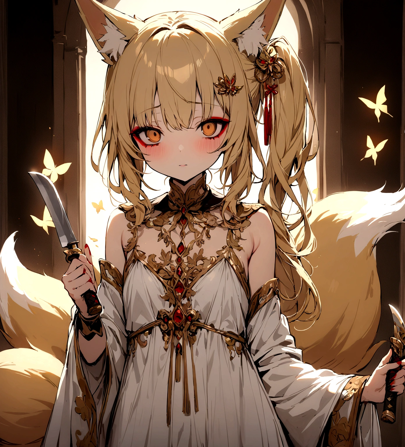 (masterpiece, best quality) junior,detailed, (beautiful,small breasts), blonde,long hair, side ponytail(tied to the left),Hairpin decoration with gold butterfly, elegant, (fox ears),nine tailed fox tail, red eyeshadow, golden eyes, femur,girl,yandere,bleeding,holding a knife,covered in blood