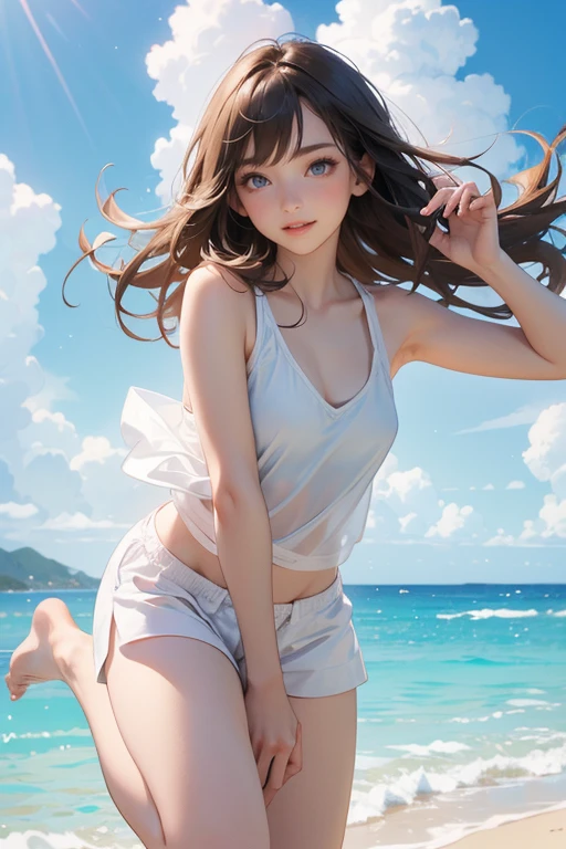 Very cute and beautiful girl,Ten generations,(Highly detailed beautiful face and eyes:1.2),White swimsuit, standing,(from behind),leaning forward,(Viewing viewer),Beachside,small stars,smile,brown hair,from below,low_angle_human,(highest quality,masterpiece:1.2),High resolution,alone,hair blowing in the wind,beautiful and detailed sky,