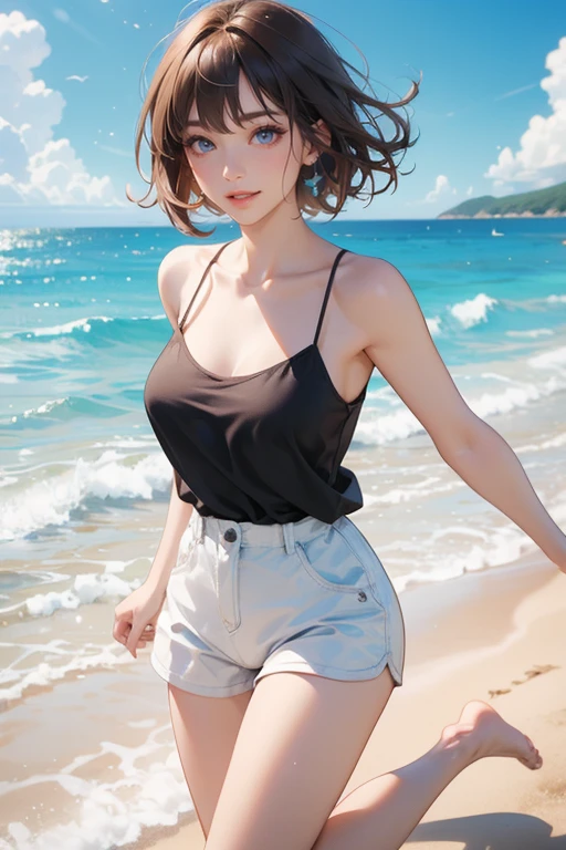 (Highest quality、masterpiece、High resolution、8K)、Vibrant colors、1 Female、Young and beautiful woman、whole body、(Detailed face、Beautiful Eyes、Beautiful nose、Pretty lips)、Black and brown short bob、White tank top and shorts、barefoot、Jump High、Surprised Smile、Official Art、The background is the sea、blue sky、Wide sandy beach、Wide forest、White waves and sandy beach、White Entrance Cloud、