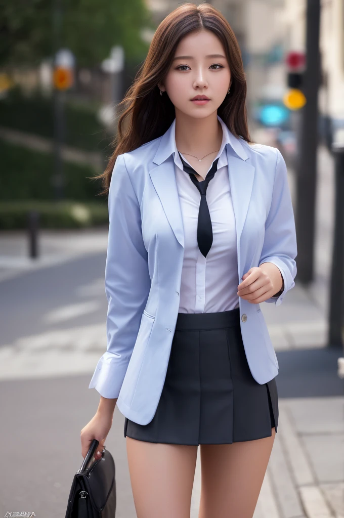 a 17 year old girl, she is the most beautiful actress in the world, the perfect body proportions of this girl, her upper body within the formal shirt are clothed by the blazer on her waist area between shirt and short skirt, her crotch area of the panties between her bare legs are hardly hidden by the short skirt, the front of her body, the one description, she is standing straight, at the street, nsfw, best quality, highly detailed, masterpiece, ultra high res, photo realistic, 8k, RAW photo