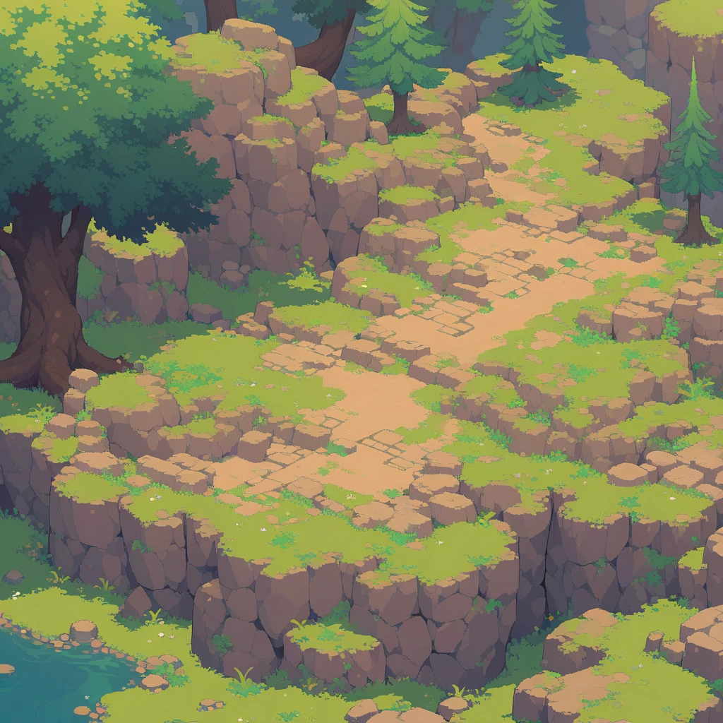 retro video game style,pixelated, vibrant pastel colors,8-bit characters,blocky shapes,sharp lines,detailed shading,classic gaming vibe,nostalgic atmosphere,classic arcade games,masterpiece:1.2,ultra-detailed,illustration style, 2d texture, stone texture, 4 k seamless mud texture, video game texture, dirt texture, tileset, game tiles, grass, 3/4th perspective trees, 3/4th perspective tileable rock texture, 3/4th perspective tileable cliff formations, tileable trees, topdown view, game texture, game art, tileable texture, very detailed cliff texture, intricate stones, top down view, 3/4th perspective