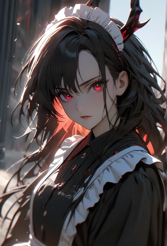 (solo), black hair, messy hair, mane hair, long hair, dense hair, wild hair, expressive hair, mature,(25 year old), pale skin, red eyes, ((woman)), maid,maid headdress,looking at viewer,apron, black dragon horns,, serious, black dragon wings, beautiful, attractive, eye reflection, depth of field, thunder aura,cinematic lighting, ray tracing, depth of field, cinematic lighting, ray tracing, UHD, high details, best quality, highres, high quality, award winning, super detail, masterpiece, 8k, UHD, high details, best quality, highres, high quality, award winning, super detail, masterpiece, 8k, digital art, anime coloring, full body, body shot, good face, perfect face, detailed face, good eyes, sitting on a throne