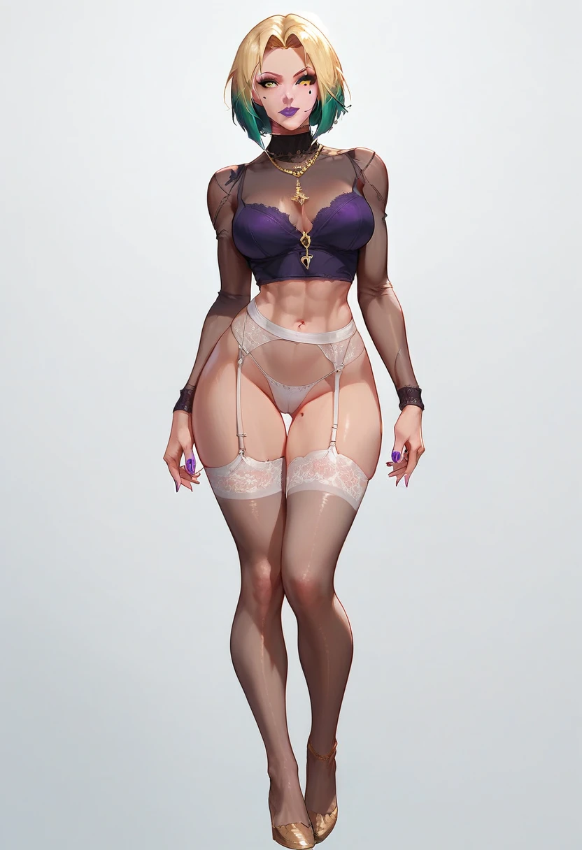 Ingrid, 1girl, mature female, Ela, ela elite \(Rainbow Six Siege\),ela, ela \(Rainbow Six Siege\,, blonde hair, lipstick, purple lips, makeup, yellow eyes, mole under mouth,,solo,full body,office,,
ruanyi0773,garter straps,lace-trimmed legwear,see-through,thong,white underwear, score_9,score_8_up,score_7_up,,8k,1girl,solo,