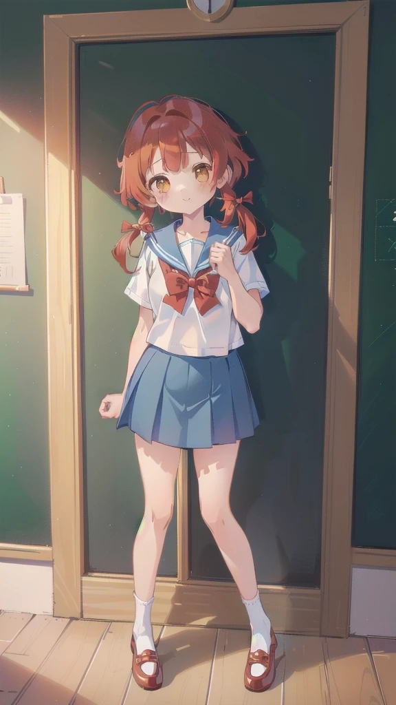 ((top quality, ultra-detailed, high resolution, extremely detailed CG, unity 8k wallpaper, by famous artist, perfect anatomy, super detailed skin, cinematic lighting, UHD, retina, anatomically correct, 1080P)), (Please draw a single one happy girl walking in a classroom school :1.3), ((1girl)), (Solo, face,13-year-old:2.0), a junior high school student, ((cute petit girl, chibi, babyface)) androgynous charm, (Medium hair, ((full red hair)) ((redhead)), pigtails, straight bangs, with a bow in her hair, ((very thin legs)), ((skinny legs, thin body, small build)), Full limbs, complete fingers, ((perfect fingers and hands)), flat chest, small breasts, childish body, small butt, groin, Beautiful detailed full yellow gold eyes, perfect eyes, sailor , ((blue skirt)) and white blouse, ((red bow on the blouse)), blue sailor collar, short sleeves, without stockings, (Detailed Lighting), ((classroom background)), (Detailed scenary background), ((in the school zone)), full body view, ((standing)), legs. Cute, kawaii single girl (one girl), full body shot. ((Background is the school)), front body, ((left hand up, right hand down)), ((little young 13 years old body:1.3))