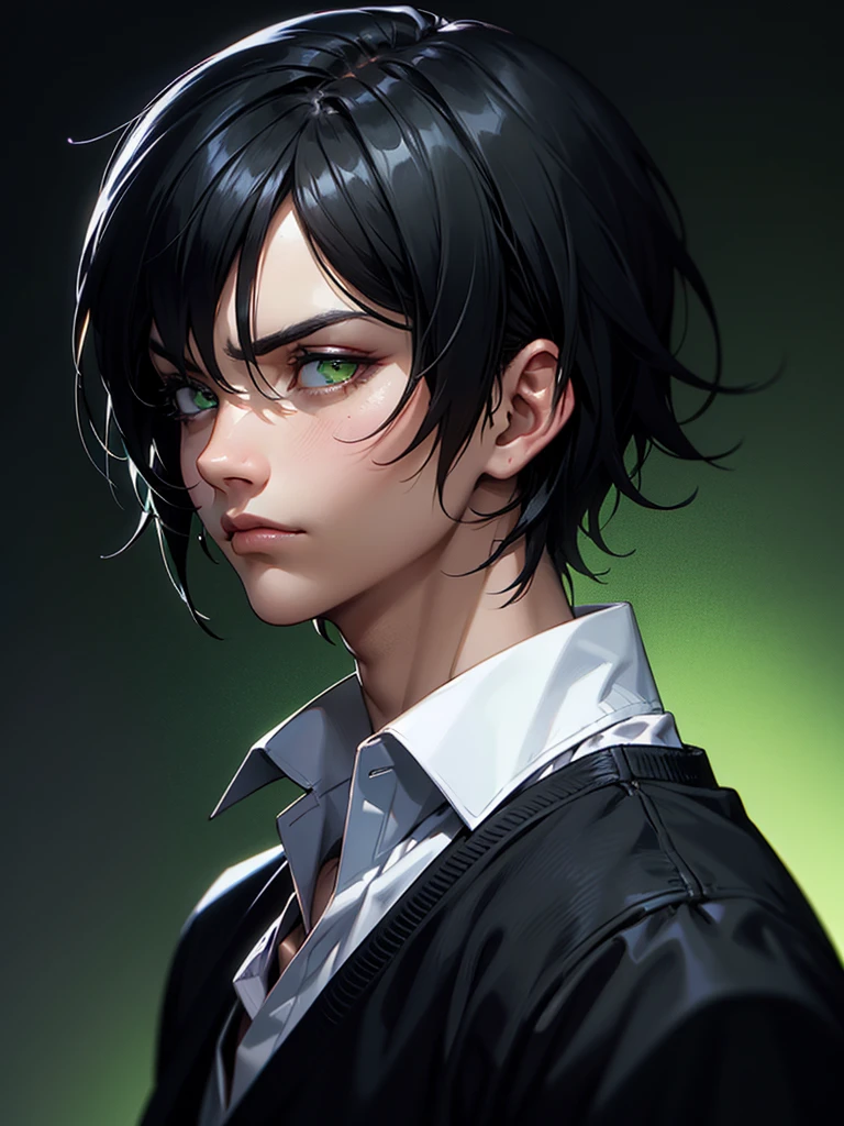 ((Portrait Photo)), He has a Youthful and Nonchalant Black-Haired Appearance, with a Slim Build and Calm Demeanor. He Expresses an Indifferent and Lazy Look, Giving Off a Serene Glint. He has Light Green Eyes, and His Hair is Short, Black and Tousled, with Strands Falling Over His Face. He Wears Simple, Urban Clothing, with a Casual White Button-Down Shirt, Accompanied by a Black Vest. ((Portrait Photo, HDR, Dark Background))