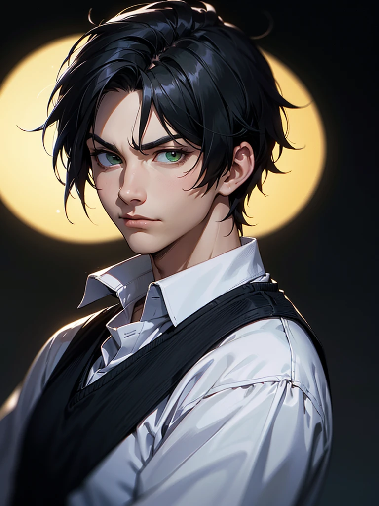 ((Portrait Photo)), He has a Youthful and Nonchalant Black-Haired Appearance, with a Slim Build and Calm Demeanor. He Expresses an Indifferent and Lazy Look, Giving Off a Serene Glint. He has Light Green Eyes, and His Hair is Short, Black and Tousled, with Strands Falling Over His Face. He Wears Simple, Urban Clothing, with a Casual White Button-Down Shirt, Accompanied by a Black Vest. ((Portrait Photo, HDR, Dark Background))