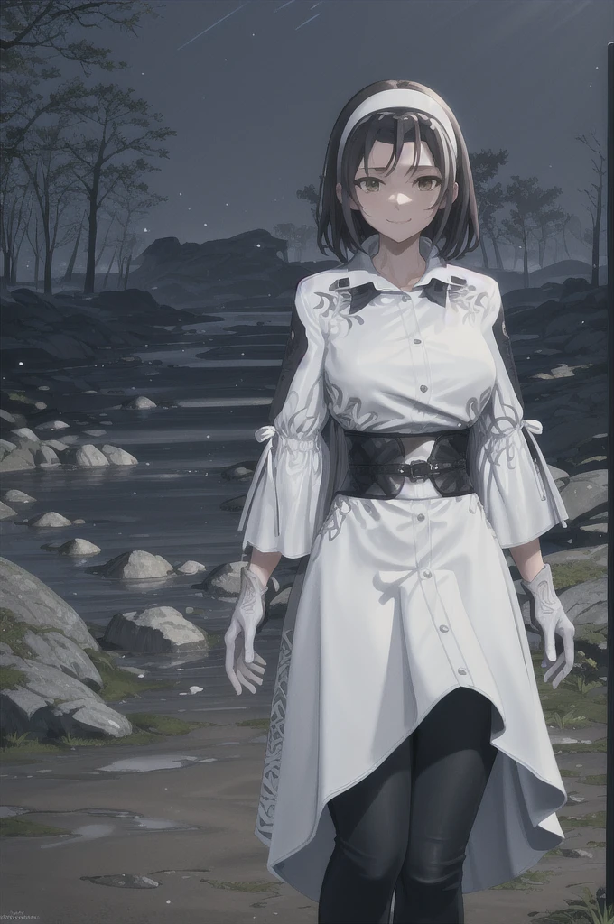 white hairband, black hair, parted bangs, medium hair, brown eyes, white dress, white gloves, obi, black pants, 
light smile, mature female, 2d,
 rocks, boulders, lake, moss, forest, light rays, volumetric lighting, subsurface scattering, arms at side, hand on own chest, 
BREAK light particles, holy light, cowboy shot,
 lora:jun_kazama:0.8>, jun kazama, hairband, dress, long hair,handcuffed, arrested by police, escorted by cops.handcuffs behind back