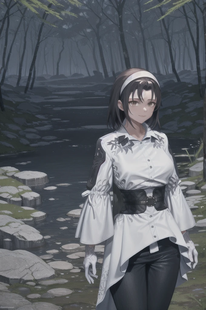 white hairband, black hair, parted bangs, medium hair, brown eyes, white dress, white gloves, obi, black pants, 
light smile, mature female, 2d,
 rocks, boulders, lake, moss, forest, light rays, volumetric lighting, subsurface scattering, arms at side, hand on own chest, 
BREAK light particles, holy light, cowboy shot,
 lora:jun_kazama:0.8>, jun kazama, hairband, dress, long hair,handcuffed, arrested by police, escorted by cops.handcuffs behind back