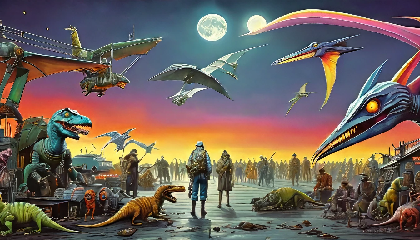 lot of characters from Galaxy of Terror, inspired by Ed Emshwiller and Heavy Metal Magazine, Cyberpunk apocalypse in chaotic world, stalenhag, metal album cover, gwar, flying pterosaur, monsters and robots, wayne barlowe pierre pellegrini, retro sci fi, movie poster promo, ultra detailed, complex, sharp focus, object texture, studio photo, intricate details, highly detailed, Real Photo style, hyper-realistic, high dynamic range, rich colors, realistic textures, 8K uhd, high color depth, Nikon D 850, Kodak 400 port, fujifilm XT, (cinematic:3.1)