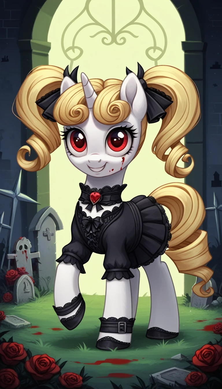 score_9,score_8_up,score_7_up,score_6_up, filly, unicorn, white fur, curly blonde hair, twintails, red eyes, Gothic pony, cute ta fashion, glowing backlight, fashion show, graveyard, glitter, whimsical, enchanted, magical, fantasy art concept, intricate details, innocent evil smile, blood splatter on face, hoof gold tips