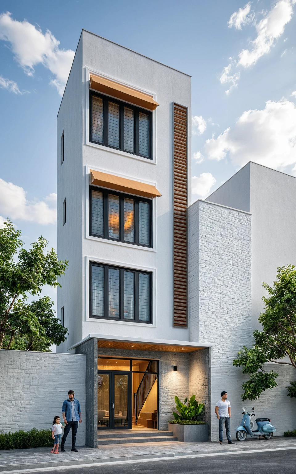 Masterpiece, high quality, best quality, 3d rendering, super detailed, outdoor, two-story villa, aiaigroup, modern house style on the street, stairs, white wall, accent wall Gray stone cladding on the left, road, sidewalk, grass, trees, sky, clouds, (daylight: 1.1)