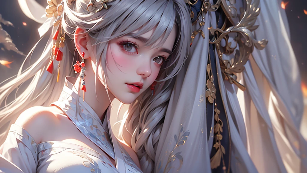 super high quality, masterpiece, Perfect illustration, Very detailed (Exquisite light and shadow, Very dramatic photo,Backlight) , ((Gray Hair:1.5))1 Girl,(( alone:1.6)), (Wearing Han clothes, Black and white Hanfu,Monotony,Long sleeve)  (White smoke:1.3) (Realistic:1.4), Official Art, unity 8k wallpaper, Very detailed, Beautiful and beautiful, masterpiece, Highest quality, (Dynamic Angle: 1.4), Glowing Skin, (Floating colorful flashes: 1) The most beautiful chaotic shapes, elegant, Brutalist Design, Bright colors, Romantic Depth of Field Exotic_dance, half_naked、Expose your shoulders、Ample breasts、Great cleavage、
