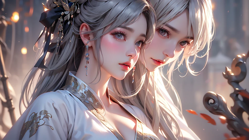super high quality, masterpiece, Perfect illustration, Very detailed (Exquisite light and shadow, Very dramatic photo,Backlight) , ((Gray Hair:1.5))1 Girl,(( alone:1.6)), (Wearing Han clothes, Black and white Hanfu,Monotony,Long sleeve)  (White smoke:1.3) (Realistic:1.4), Official Art, unity 8k wallpaper, Very detailed, Beautiful and beautiful, masterpiece, Highest quality, (Dynamic Angle: 1.4), Glowing Skin, (Floating colorful flashes: 1) The most beautiful chaotic shapes, elegant, Brutalist Design, Bright colors, Romantic Depth of Field Exotic_dance, half_naked、Expose your shoulders、Ample breasts、Great cleavage、
