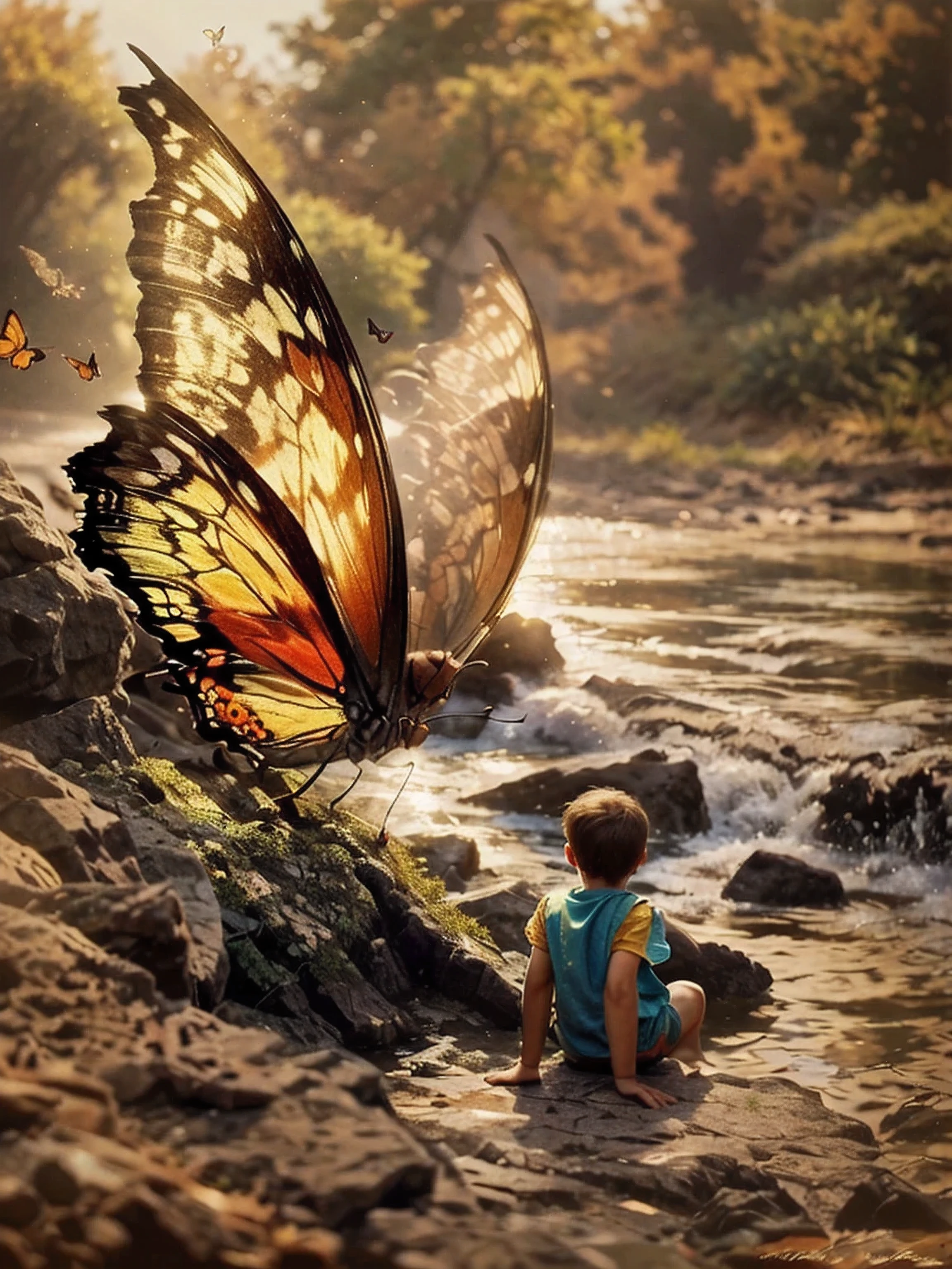 there is a little boy sitting on a rock with a butterfly flying above, colorfull digital fantasy art, digital art fantasy, digital art fantasy art, beautiful digital artwork, fantasy digital art, dreamlike digital painting, beautiful digital art, very beautiful digital art, very beautiful fantasy art, magic world. colorful