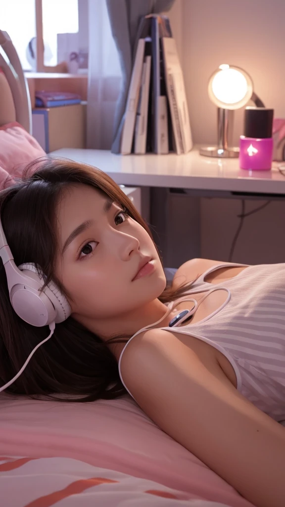 Girl listening to music with headphones in her room at night