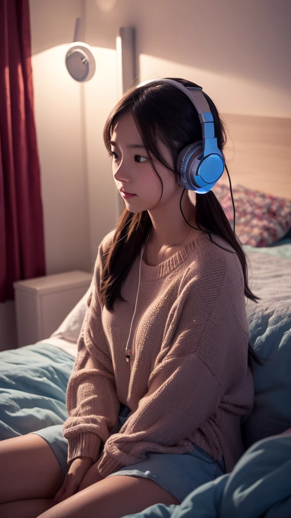 Girl listening to music with headphones in her room at night