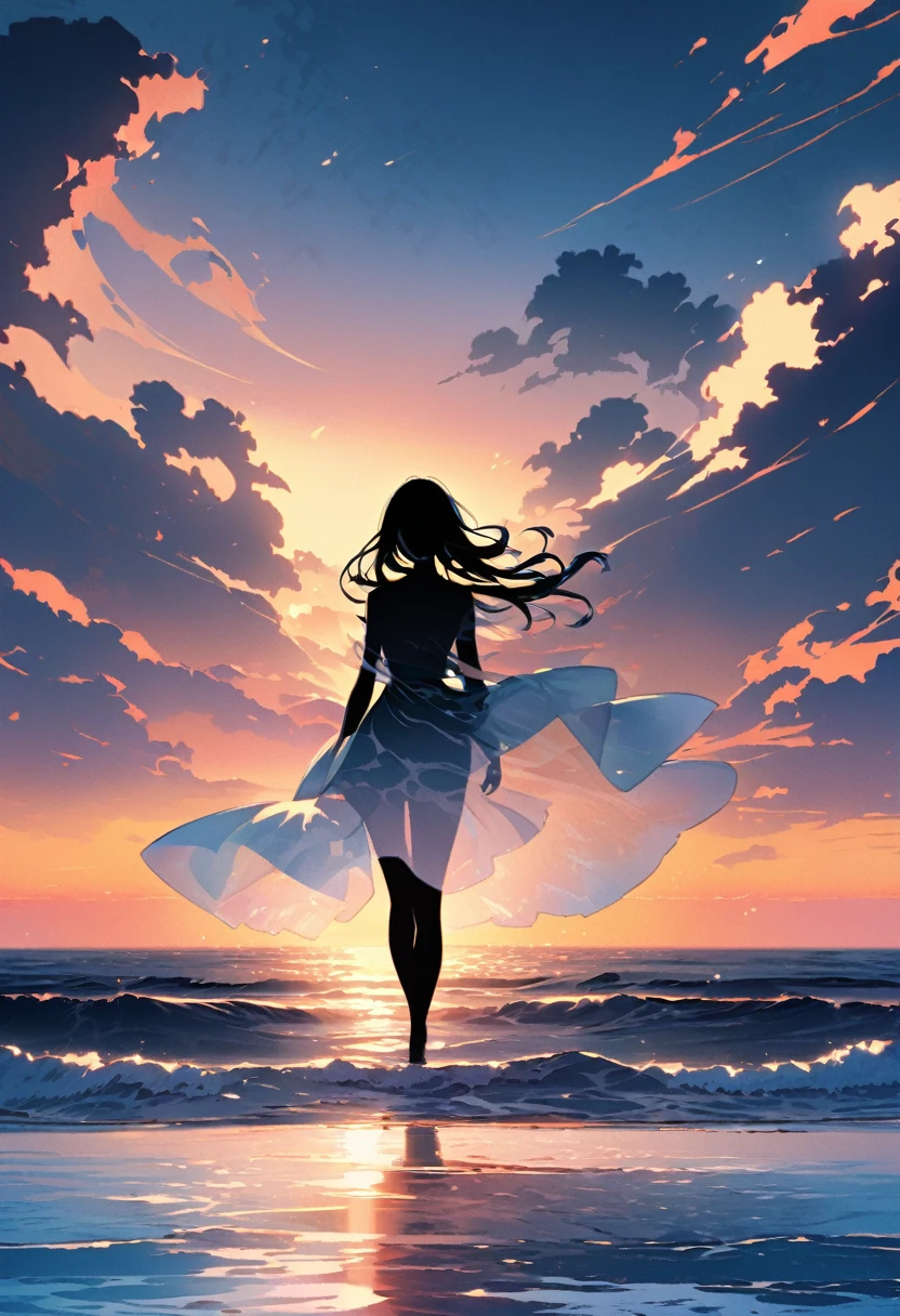 "In a dynamic manga style, a highly transparent character stands against the ocean waves and the horizon at sunset. The character is highly transparent, allowing the movement of the waves and the reflection of the sunset on the water to be clearly visible through their silhouette. The blending of the character's edges with the ocean background creates a serene and ethereal atmosphere."
