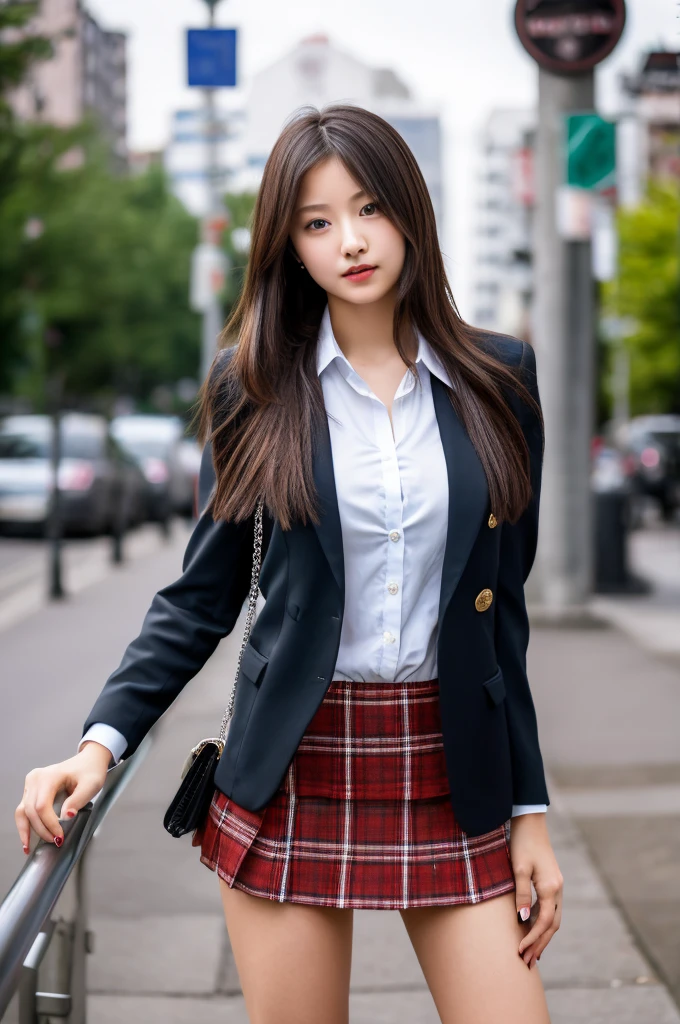 a 17 year old girl, she is the most beautiful actress in the world, the perfect body proportions of this girl, her upper body within the formal shirt are clothed by the blazer on her waist area between shirt and short skirt, her crotch area of the panties between her bare legs are hardly hidden by the short skirt, the front of her body, the one description, she is standing straight, at the street, nsfw, best quality, highly detailed, masterpiece, ultra high res, photo realistic, 8k, RAW photo