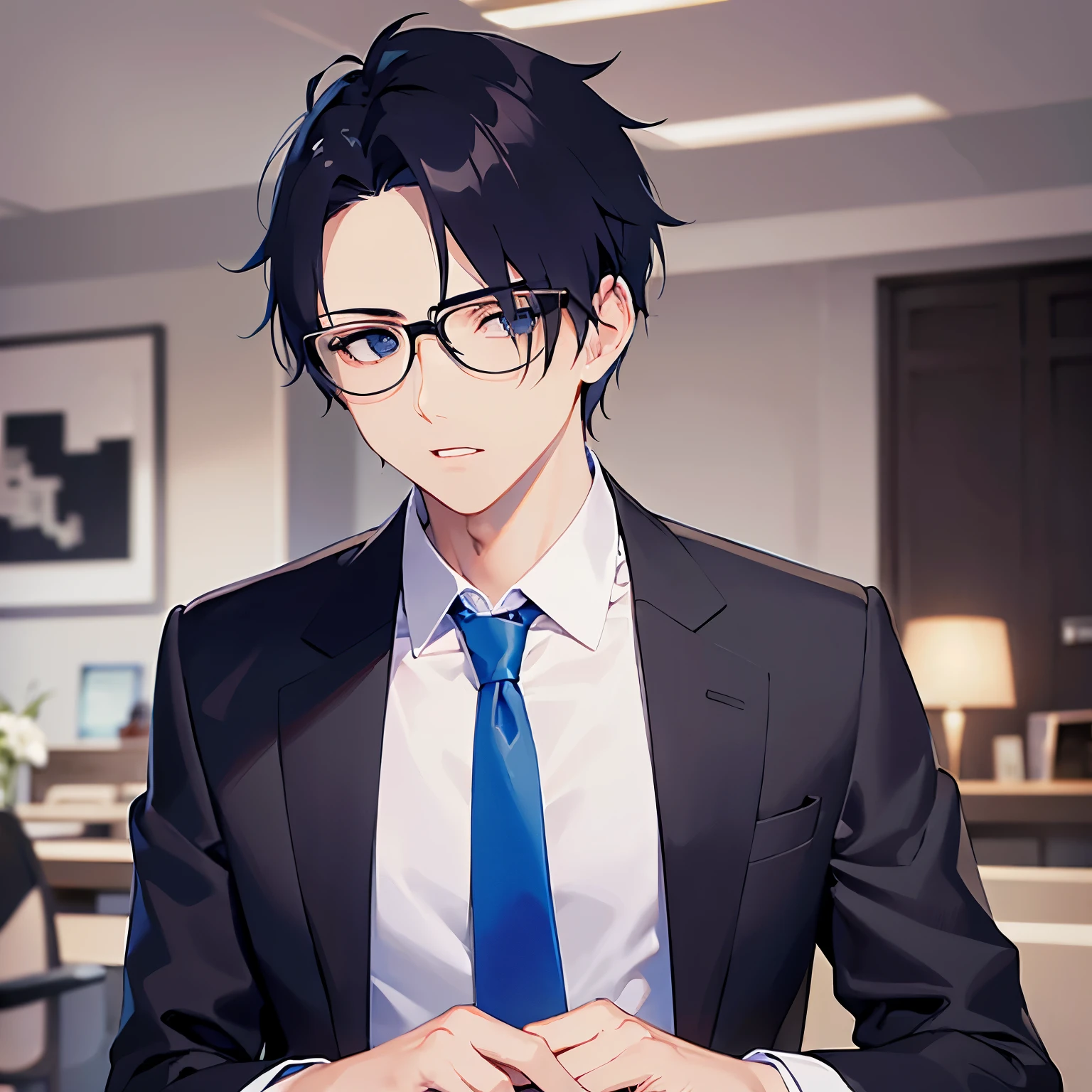 side angle, plastic frame eyewear、upper body、shiny skin, masterpiece、Highest quality、(25-year-old male:1.5) and (Black short hair) and (blue eyes), (Wearing a suit:1.5) and (Blue tie)、angry、open mouth, The background is the office、(Alone:1.5)、