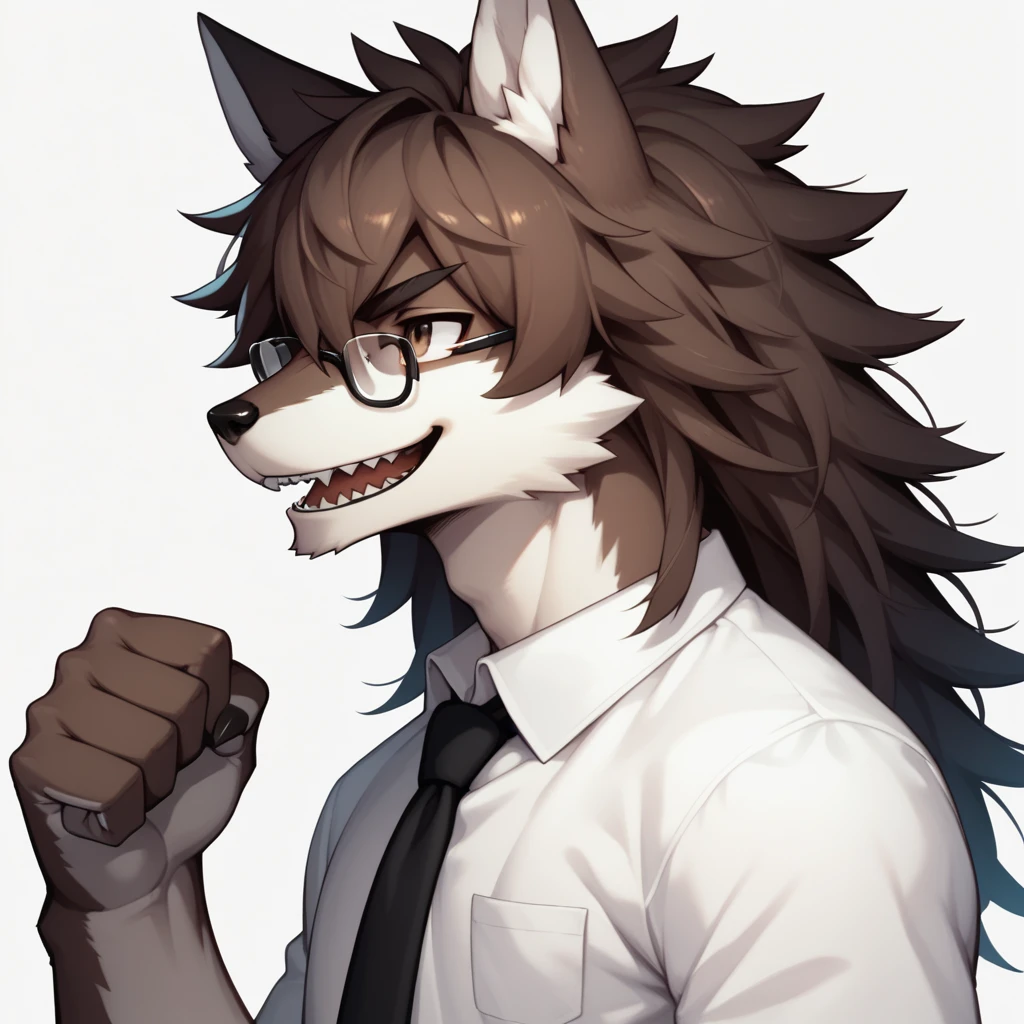 score_9,score_8_up,score_7_up, kemono style, an Anthro furry male wolf, Tall and slender, shortdark brown shaggy hair, brown eyes, black thick rim glasses, wearing white button up shirt, black tie, black slacks, simple white background, big smile, mouth open, lookin triumphant, holding up a fist, dynamic action, furrowed eyebrows, looking up, side view, 