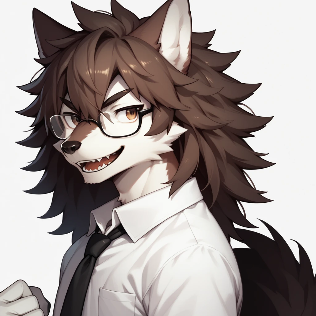 score_9,score_8_up,score_7_up, kemono style, an Anthro furry male wolf, Tall and slender, shortdark brown shaggy hair, brown eyes, black thick rim glasses, wearing white button up shirt, black tie, black slacks, simple white background, big smile, mouth open, lookin triumphant, holding up a fist, dynamic action, furrowed eyebrows, looking up, side view, 