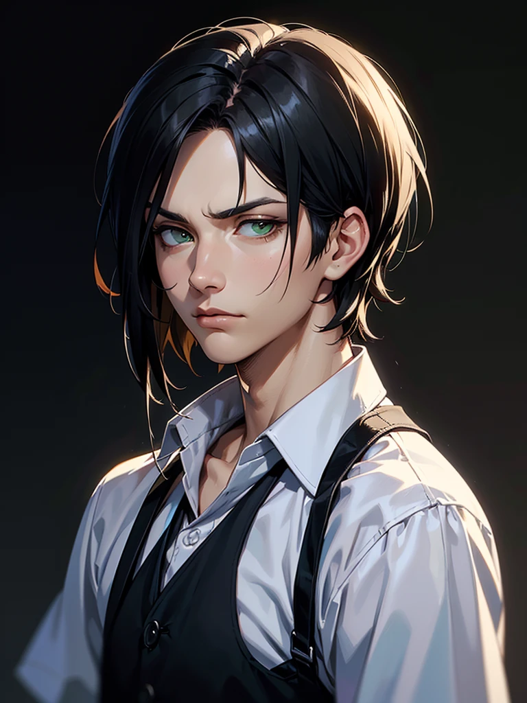 ((Portrait Photo)), He has a Youthful and Nonchalant Black-Haired Appearance, with a Slim Build and Calm Demeanor. He Expresses an Indifferent and Lazy Look, Giving Off a Serene Glint. He has Light Green Eyes, and His Hair is Short, Black and Tousled, with Strands Falling Over His Face. He Wears Simple, Urban Clothing, with a Casual White Button-Down Shirt, Accompanied by a Black Vest. ((Portrait Photo, HDR, Dark Background))