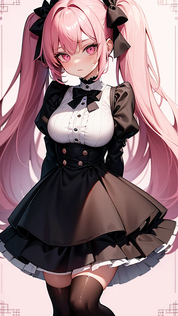 (Highest quality,Super detailed,1 girl),wearing black stockings,Pink Hair,Height: 160cm,cute,Pink Eyes,Twin tails,Big Breasts,She is wearing a white shirt and a black skirt,The eyes are shining white,She is looking at me from close range with a shy look on her face.,Has bright white eyes,