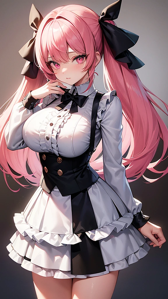 (Highest quality,Super detailed,1 girl),wearing black stockings,Pink Hair,Height: 160cm,cute,Pink Eyes,Twin tails,Big Breasts,She is wearing a white shirt and a black skirt,The eyes are shining white,She is looking at me from close range with a shy look on her face.,Has bright white eyes,