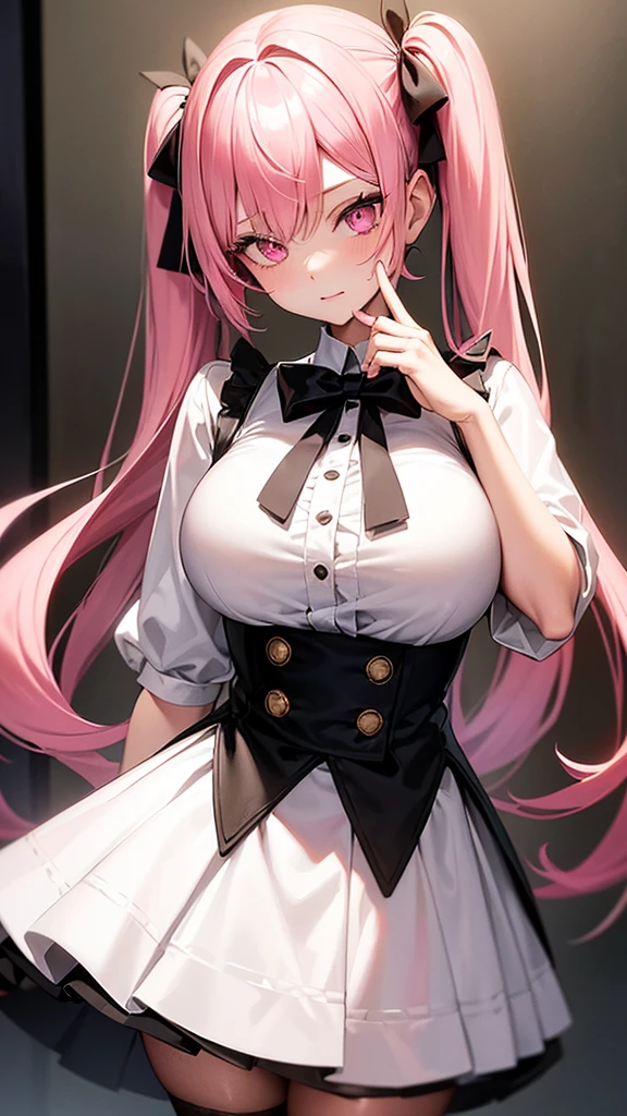 (Highest quality,Super detailed,1 girl),wearing black stockings,Pink Hair,Height: 160cm,cute,Pink Eyes,Twin tails,Big Breasts,She is wearing a white shirt and a black skirt,The eyes are shining white,She is looking at me from close range with a shy look on her face.,Has bright white eyes,