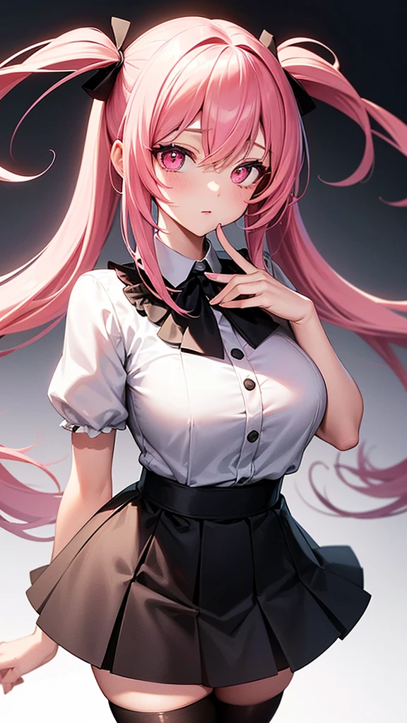 (Highest quality,Super detailed,1 girl),wearing black stockings,Pink Hair,Height: 160cm,cute,Pink Eyes,Twin tails,Big Breasts,She is wearing a white shirt and a black skirt,The eyes are shining white,She is looking at me from close range with a shy look on her face.,Has bright white eyes,