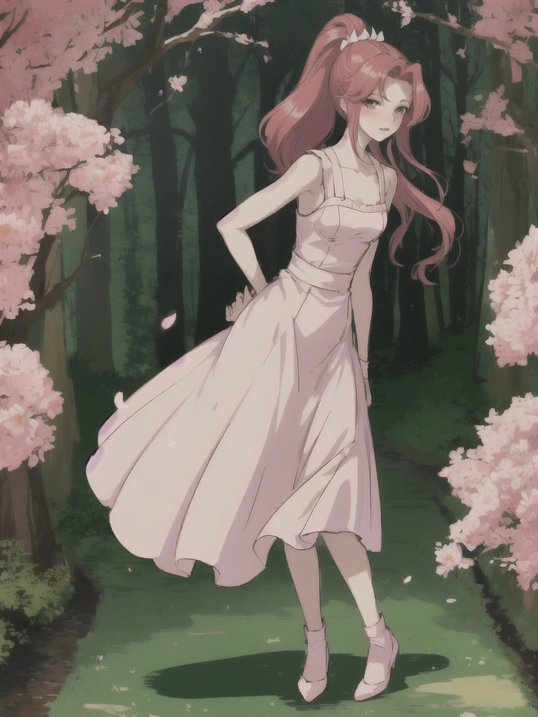 A girl ,Light pink cherry blossom dress,High Ponytail,Big red hair,Bright red hair,big eyes,Blush on face,Slight blush on the face,Shy expression,Hands behind your back,little cherry mouth,Full body shot,Stand among the flowers,There are many trees around