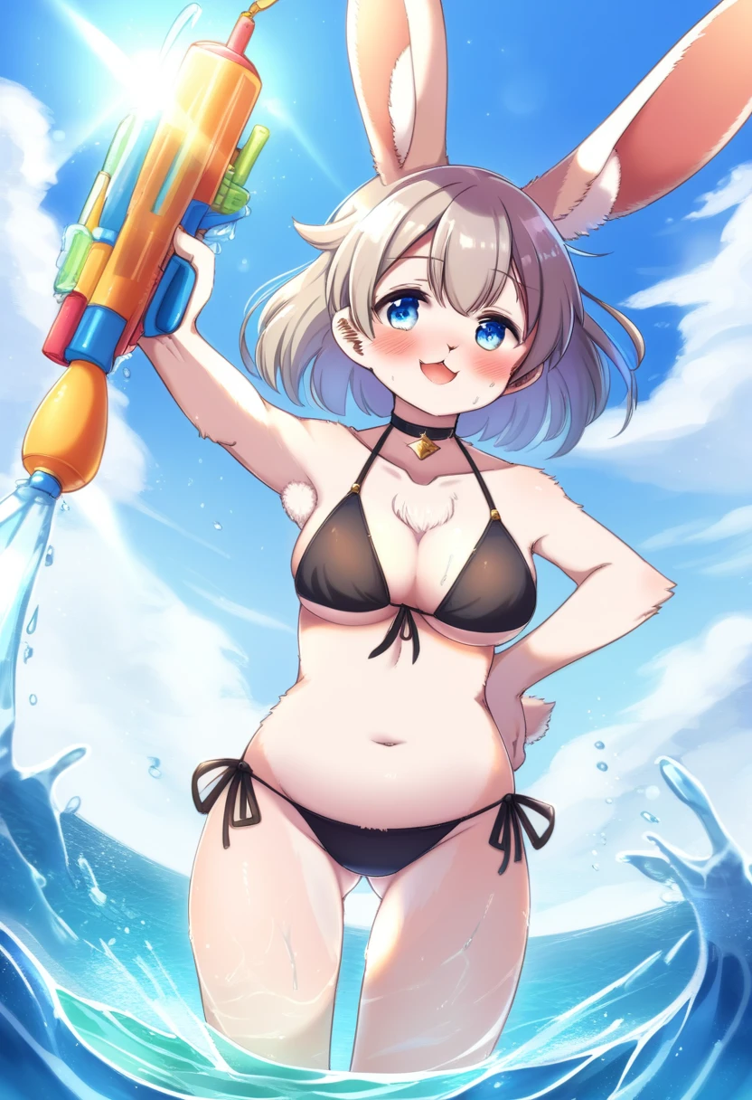 ((Masterpiece)), ((Best Quality)), (Very Detailed), ((Very Detailed)), 4K, (8K), very aesthetic, absurdres highres, 1girl, (anthropomorphic rabbit, furry, kemono:1.8), breasts, swimsuit, bikini, solo, grey hair, black bikini, (water gun:1.8), navel, choker, black choker, cleavage, thigh strap, outdoors, looking at viewer, smile, large breasts, side-tie bikini bottom, tail, day, rabbit girl, blue eyes, open mouth, water, wet, ass visible through thighs, stomach, thigh gap, sky, holding, cowboy shot, sunlight, bare shoulders, collarbone, blush, ocean, blue sky, halterneck, jewelry, thighs, leaning forward, cloud, armpits, pendant, standing,