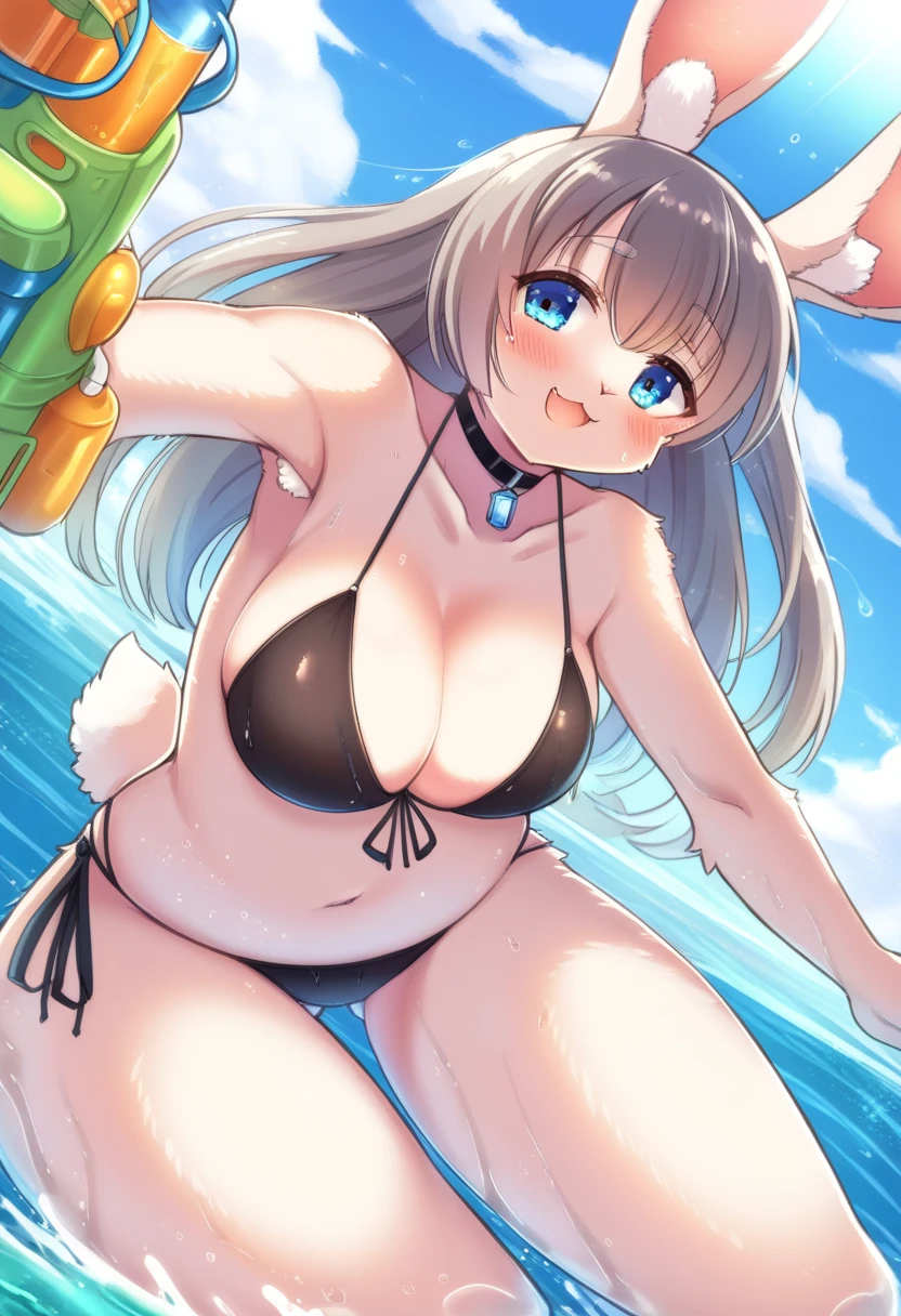 ((Masterpiece)), ((Best Quality)), (Very Detailed), ((Very Detailed)), 4K, (8K), very aesthetic, absurdres highres, 1girl, (anthropomorphic rabbit, furry, kemono:1.8), breasts, swimsuit, bikini, solo, grey hair, black bikini, (water gun:1.8), navel, choker, black choker, cleavage, thigh strap, outdoors, looking at viewer, smile, large breasts, side-tie bikini bottom, tail, day, rabbit girl, blue eyes, open mouth, water, wet, ass visible through thighs, stomach, thigh gap, sky, holding, cowboy shot, sunlight, bare shoulders, collarbone, blush, ocean, blue sky, halterneck, jewelry, thighs, leaning forward, cloud, armpits, pendant, standing,