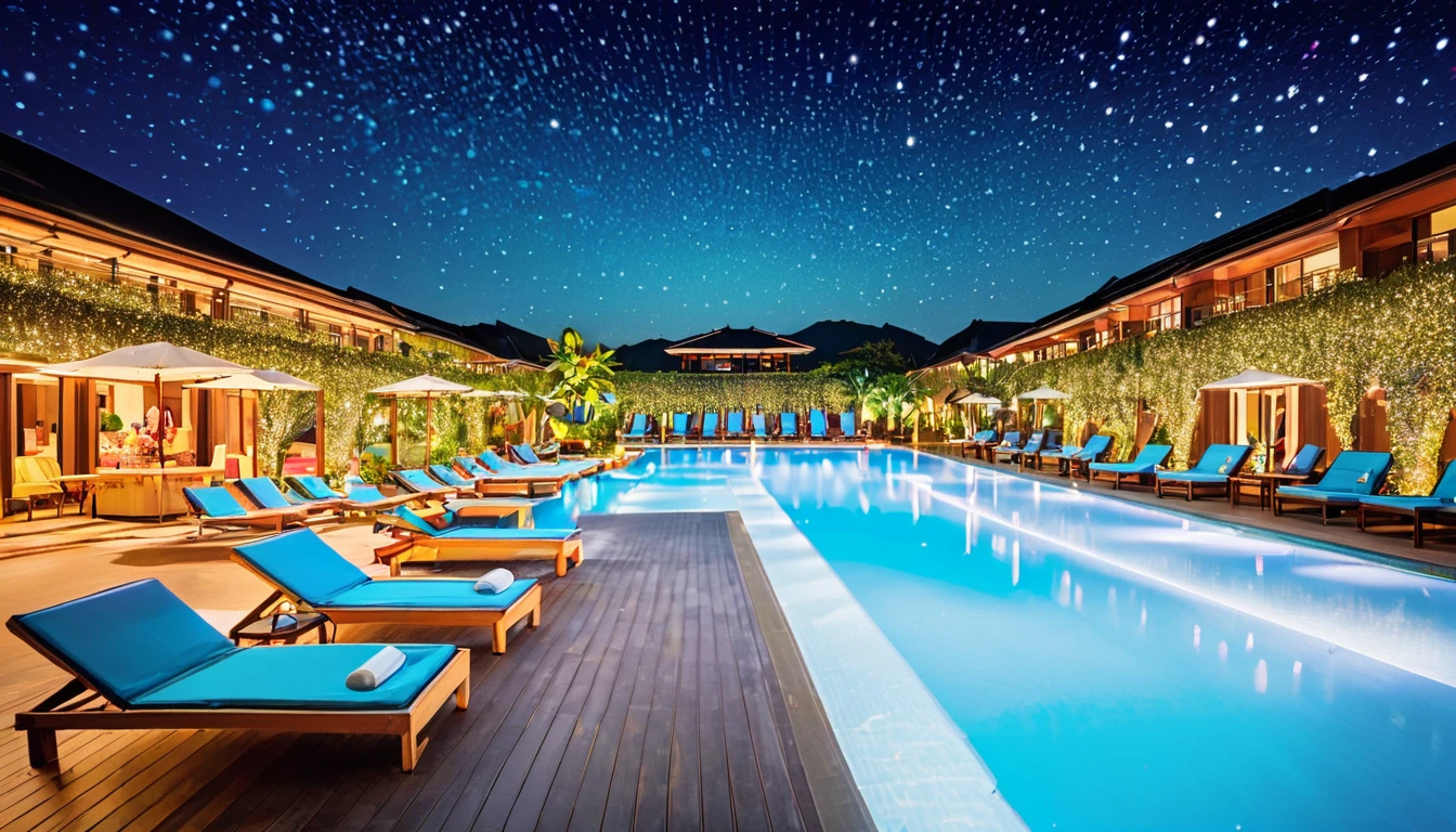 At the evening pool party、Fairy lights are displayed around the pool、The pool is lit up with colorful LED lights.。Guests relax with cocktails、The DJ is playing music。The night sky spreads out in the background、Stylish lounge chairs line the poolside。